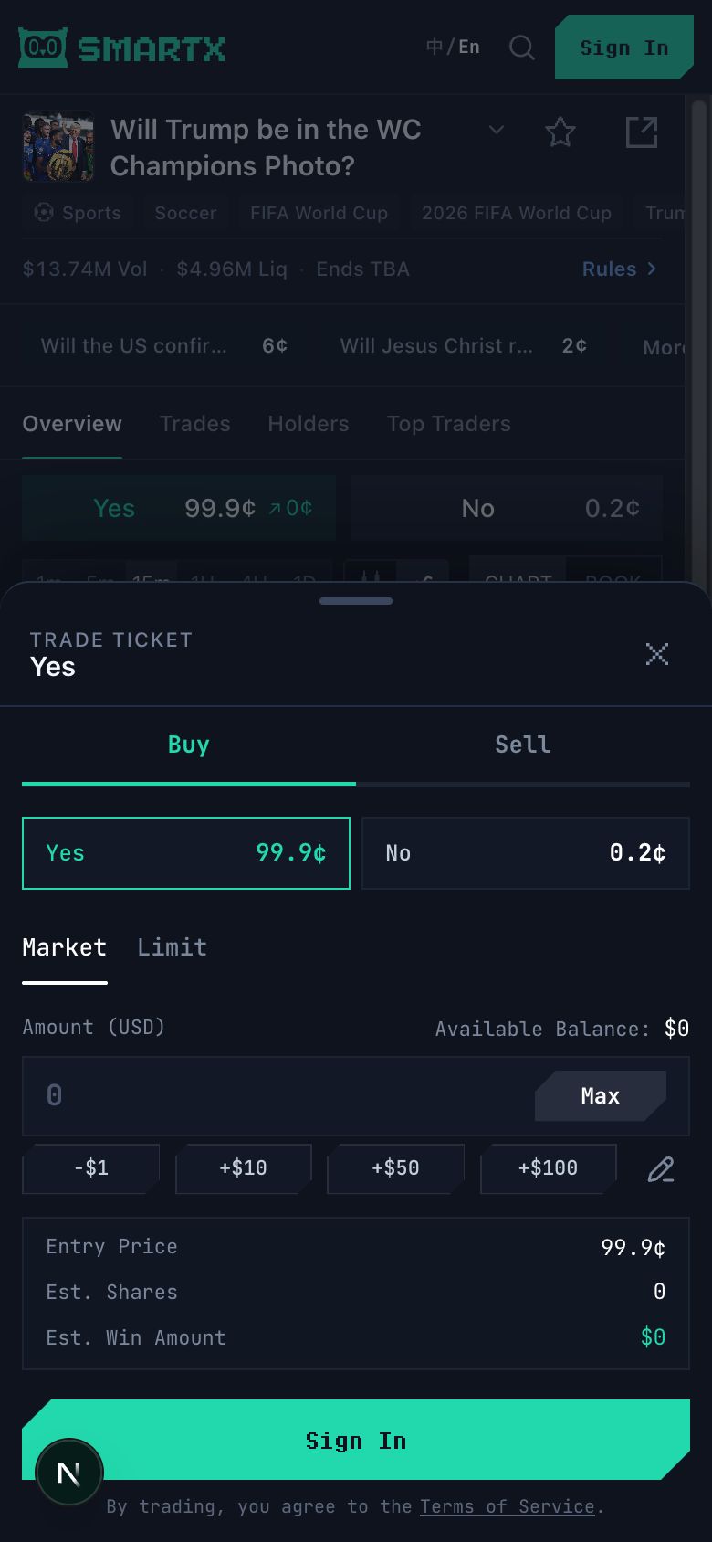 SmartX mobile market trade ticket with outcome, amount, and order controls